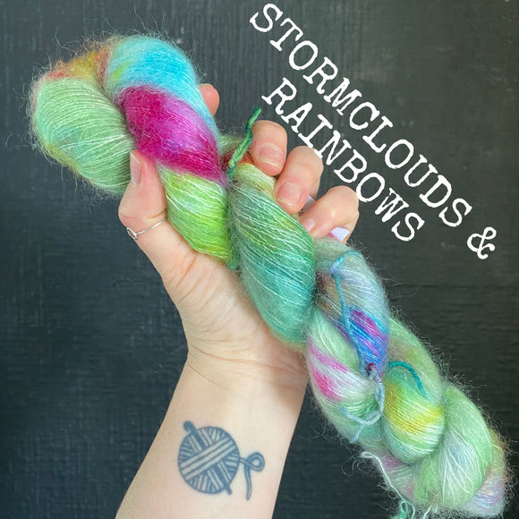 Stormclouds and Rainbows - Hand dyed - lace weight yarn - 50g/420m - kid mohair - silk